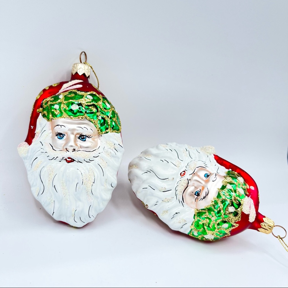 Vintage Signed Italy Blown Glass Santa Father Christmas Holiday Ornaments 2PCS